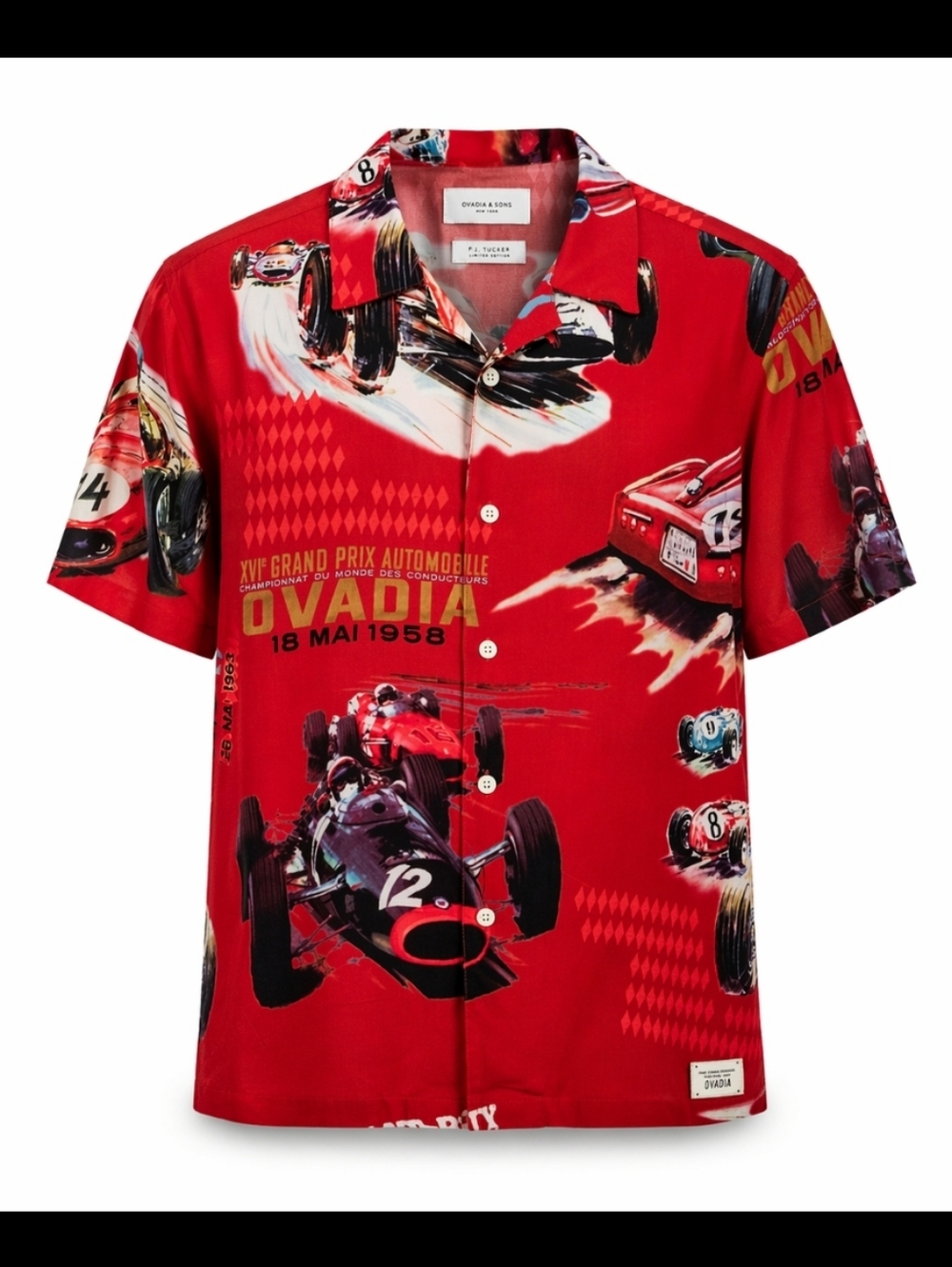 Ovadia & Sons P.J. Tucker Limited Edition Racing Print Rayon Camp Shirt Red L